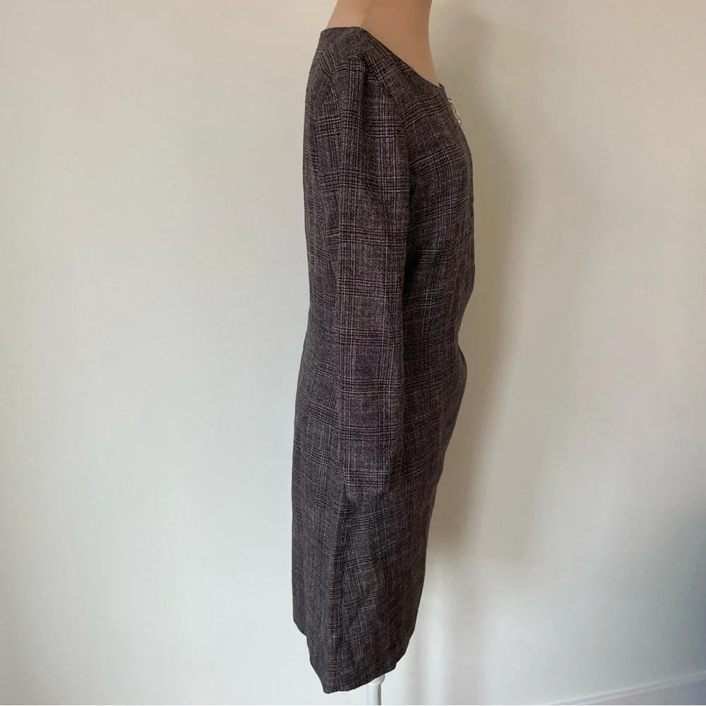 Piazza Sempione Wool Viscose Jeweled Shoulder Brown Gray Plaid Sheath Dress 40/4